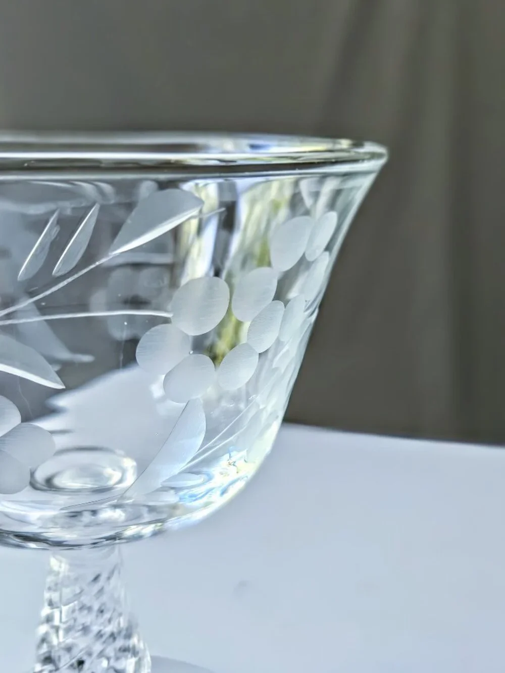 Set of 4 Etched Floral Fine Glass Coupes - Stemmed Baluster Twist